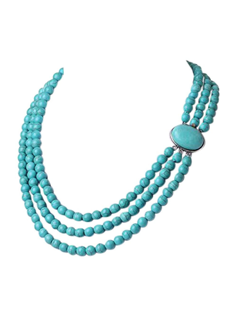 Stunning Three Strands 8mm Round Blue Turquoise Gemstone Beaded Necklace for Women treasurebayb2b