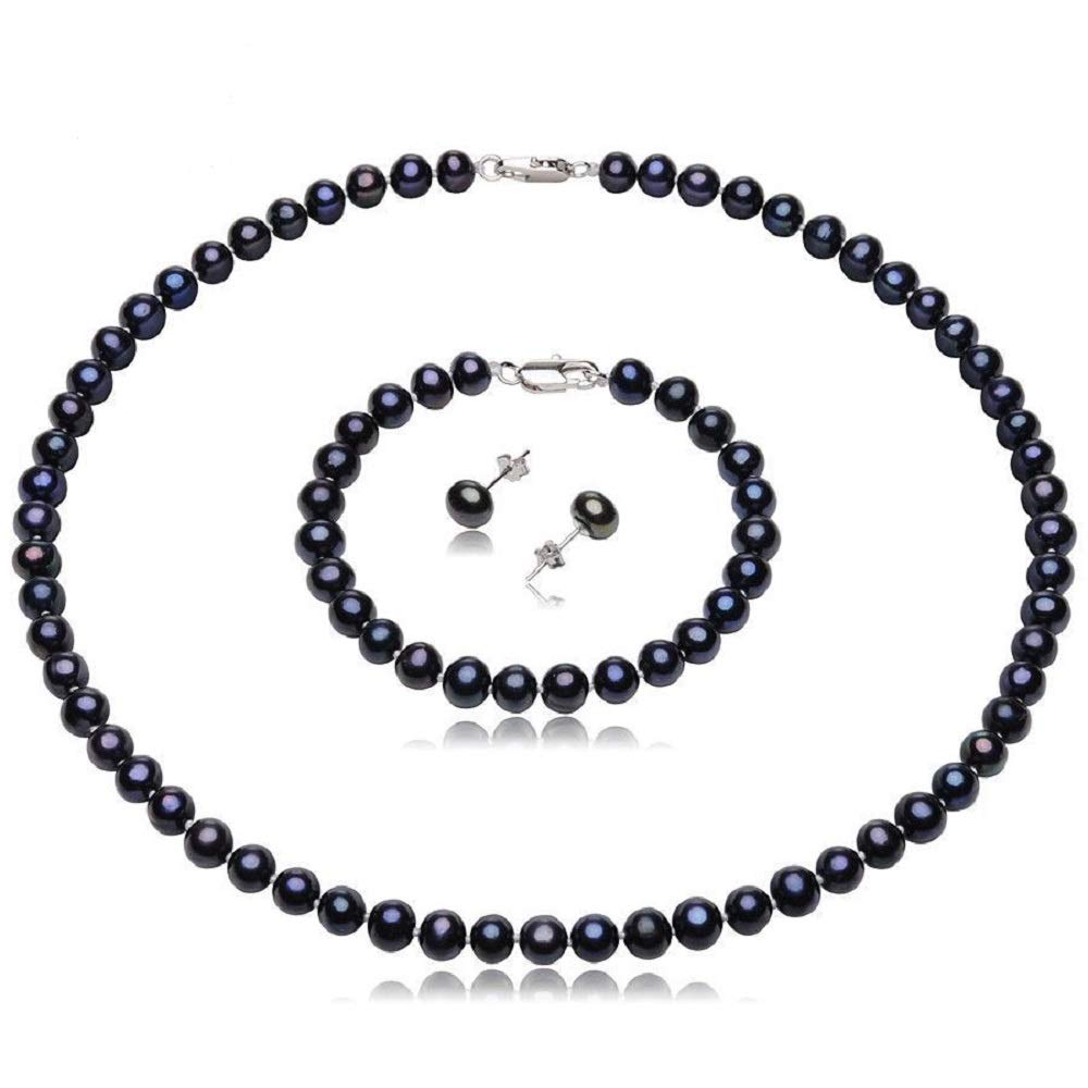 Women's Pearl necklace earrings Set | Elegant and Clasic 7mm Freshwater Pearl Jewellery Set for Women With Sterling Silver Clasp treasurebayb2b