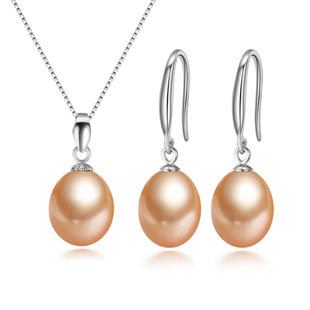Women's Pearl Jewellery Set - 925 Silver AA Grade 8-9mm Pearl Necklace Dangle Drop Earrings for Women Ladies Girls Bridal Jewellery treasurebayb2b