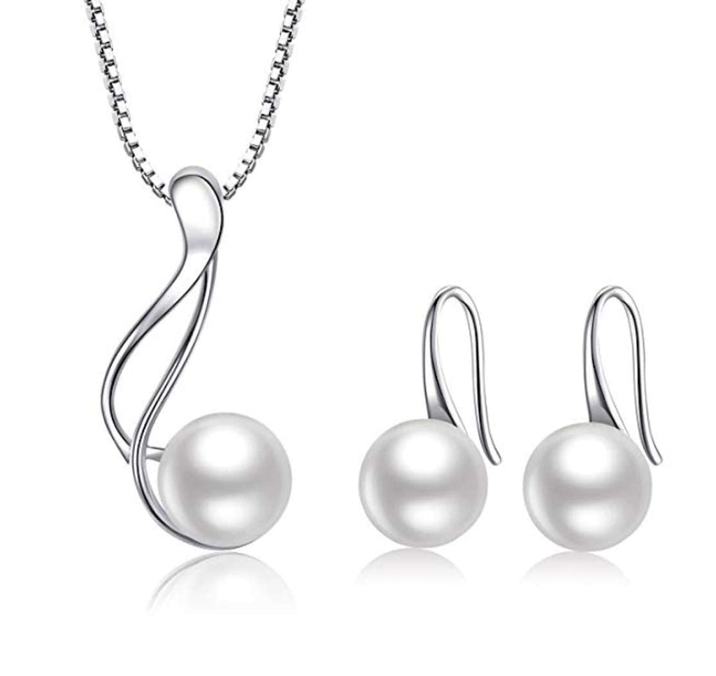 Women's Pearl Jewellery Set - 925 Silver AA Grade 8-9mm Pearl Necklace Dangle Drop Earrings for Women Ladies Girls Bridal Jewellery treasurebayb2b
