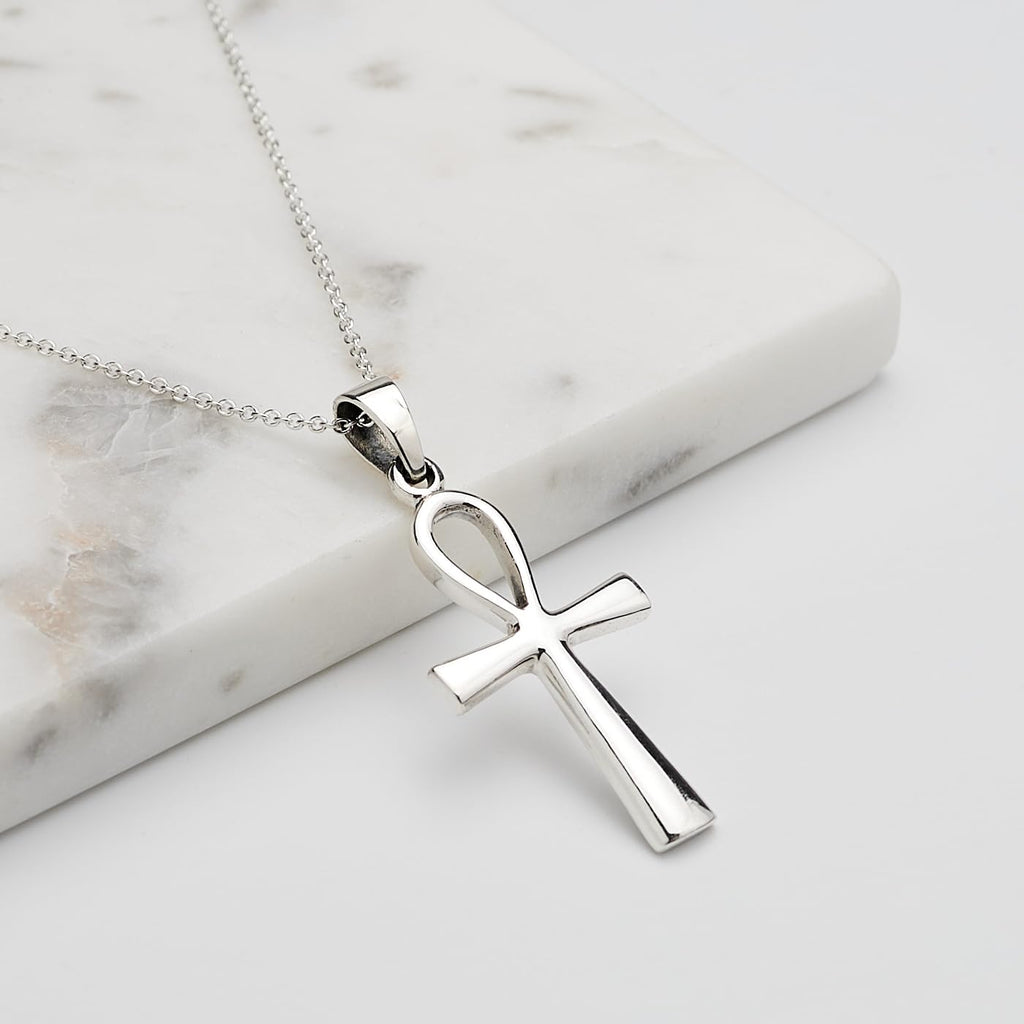 Men's Women's Silver Ankh Cross Key Of Life Pendant Necklace | Classic 925 Sterling Silver Cross Pendant on 48Cm Chain Necklace for Men & Women treasurebayb2b