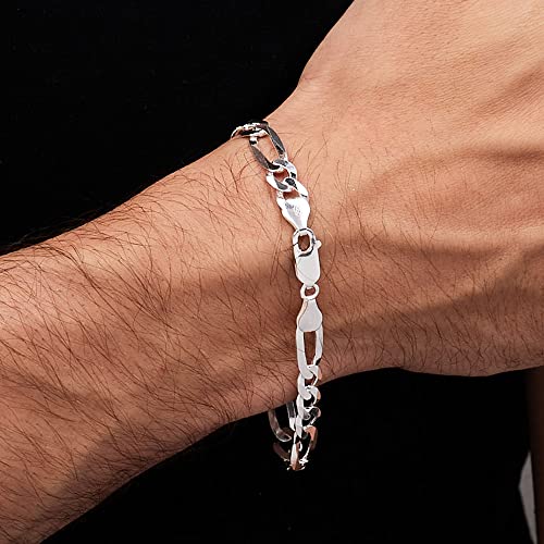 Mens 8mm Solid 925 Sterling Silver Figaro Chain Bracelet Made in Italy treasurebayb2b