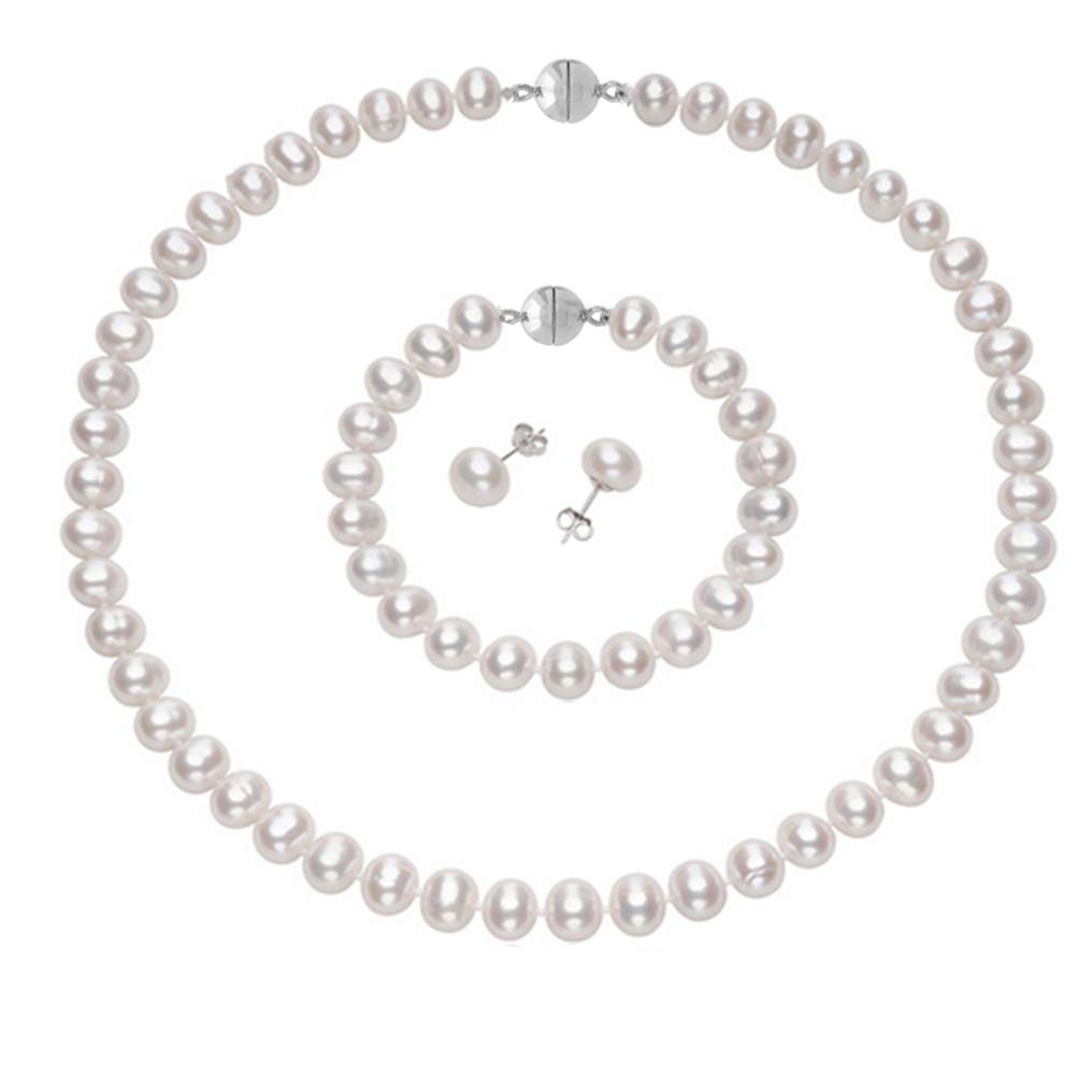 Women's White Pearl Jewellery Set Necklace Bracelet Earrings Magnetic Clasp treasurebayb2b