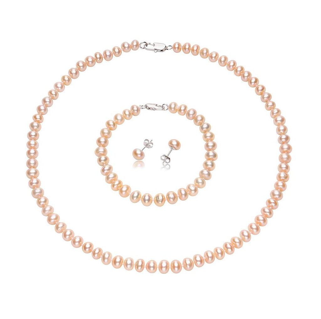 Women's Pearl necklace earrings Set | Elegant and Clasic 7mm Freshwater Pearl Jewellery Set for Women With Sterling Silver Clasp treasurebayb2b
