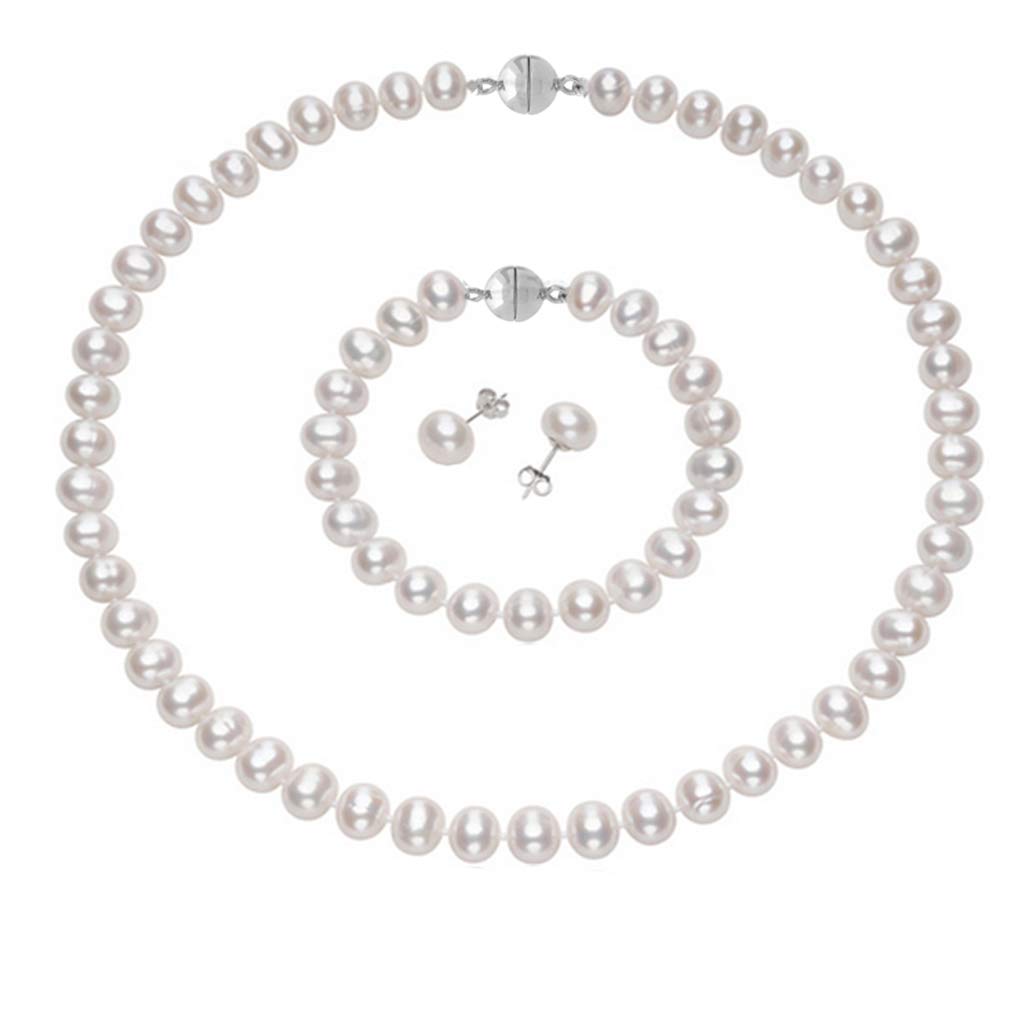 Classic Women's 7-8mm Freshwater Pearl Necklace Bracelet and Earring Jewellery Set With Magnetic Clasp treasurebayb2b