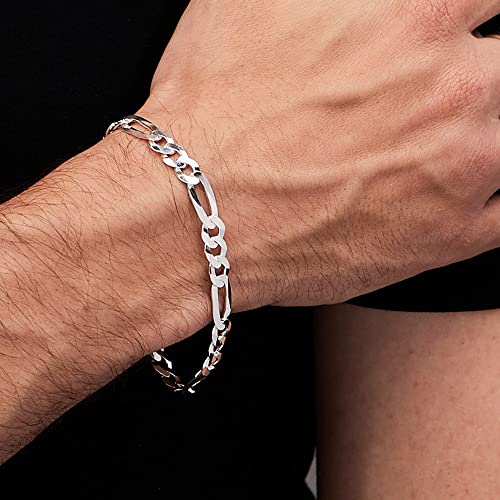Mens 8mm Solid 925 Sterling Silver Figaro Chain Bracelet Made in Italy treasurebayb2b