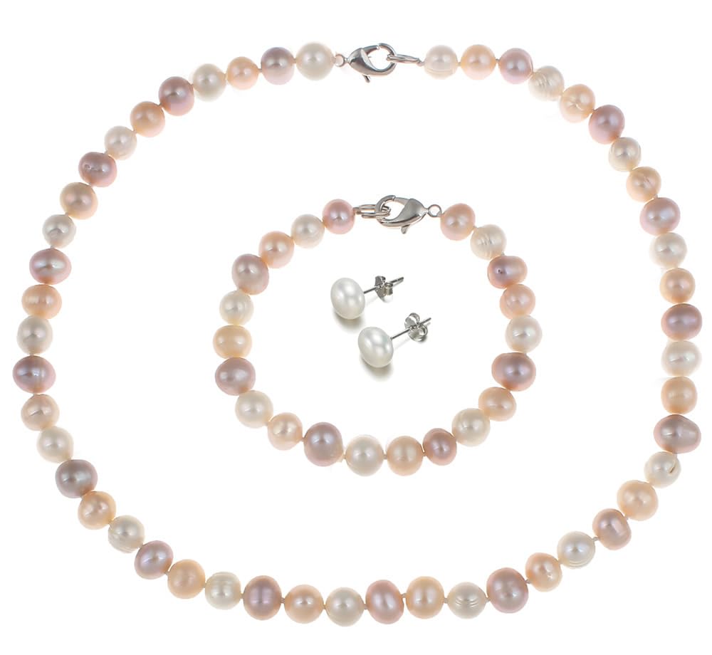 Women's Pearl necklace Bracelet Earrings set | Handmade 8-9mm Real Freshwater Pearl Beaded Necklace Set for Women Ladies and Girls treasurebayb2b