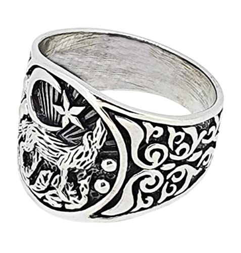 925 Sterling Silver Ring For Men and Women Howling Wolf and Crescent Moon Detailing treasurebayb2b