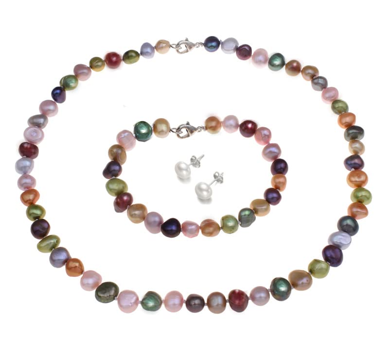 Women's Pearl Jewellery - MultiColour 8-9mm Baroque FreshWater Pearl Necklace Bracelet and Earrings for Women, Ladies Girls - Gift for Her, Mum, Wife, Christmas Birthday Gift treasurebayb2b