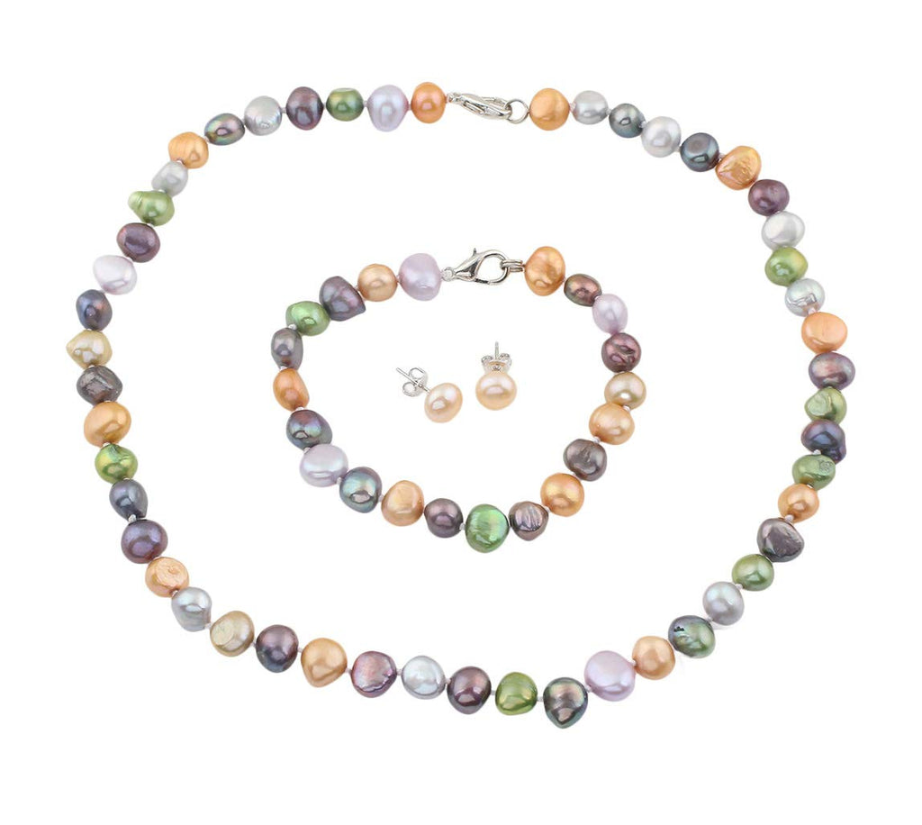 Women's Pearl Jewellery - MultiColour 8-9mm Baroque FreshWater Pearl Necklace Bracelet and Earrings for Women, Ladies Girls - Gift for Her, Mum, Wife, Christmas Birthday Gift treasurebayb2b