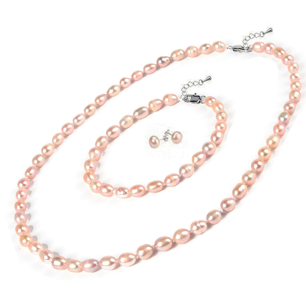 FAB Elegant 7-8mm Rice Shape Freshwater Pearl Necklace Bracelet and Earring Jewellery Set for women and Girls treasurebayb2b