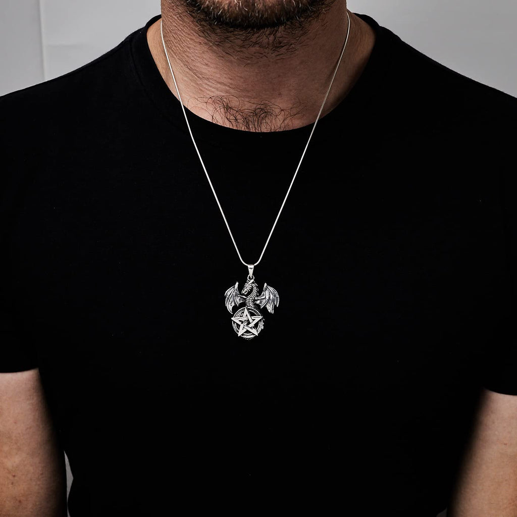 Mens 925 Sterling Silver Intricate Flying Dragon Pendant with Pentagram For women and men treasurebayb2b