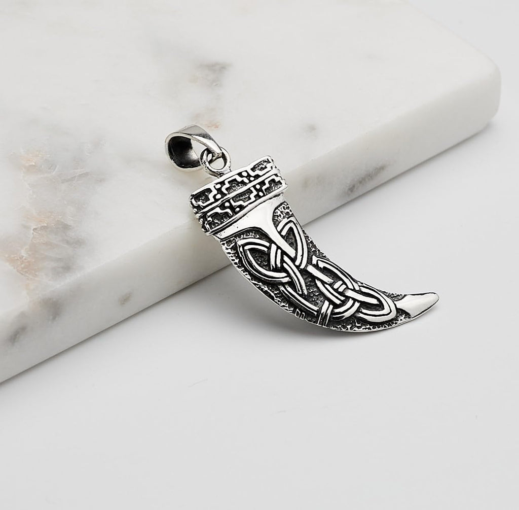 Men's Celtic Viking Horn Pendant - 925 Sterling Silver Double Sided Pendant with Celtic Knots - Ancient Norse Symbolism treasurebayb2b