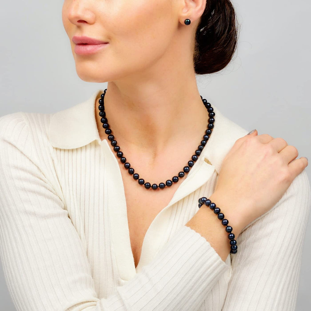 Elegant Black Pearl Jewellery Set for Womens and Girls Made From 7-8mm Natural Black Freshwater Pearls Necklace, Bracelet and Earrings treasurebayb2b