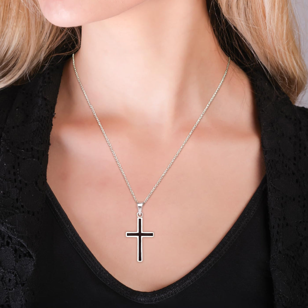 Men's Silver Black Enamel Cross Pendant Necklace | Classic 925 Sterling Silver Pendant Necklace for Men and Women treasurebayb2b