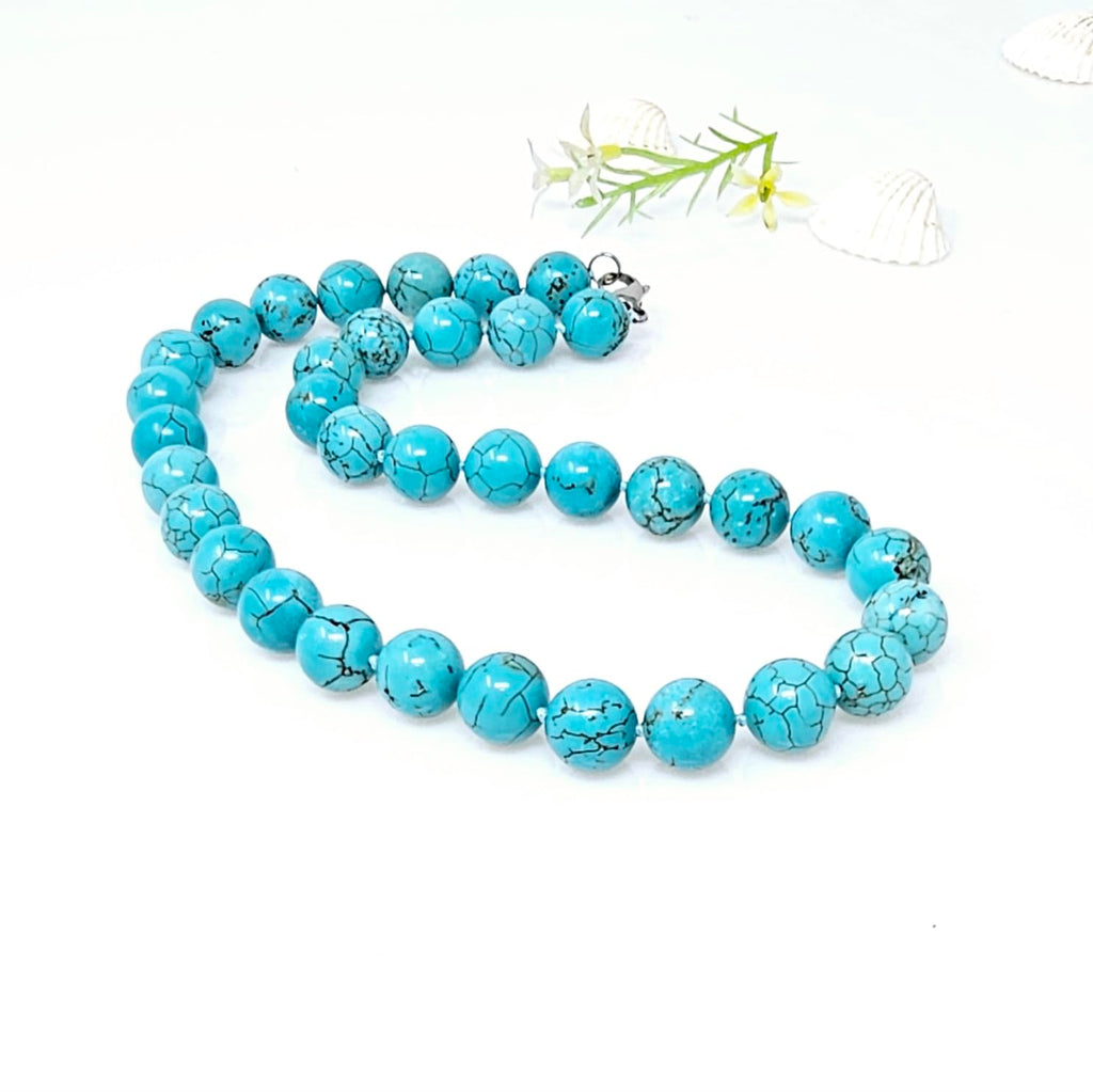 Blue Turquoise Necklace for Women and Girls | Women's Handmade 12mm Natural Blue Turquoise Beaded Necklace 48Cm treasurebayb2b