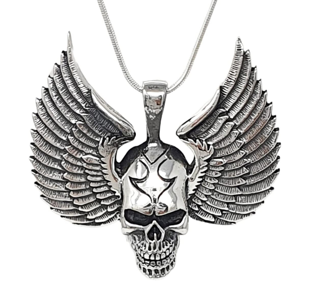 MENS 925 Sterling Silver Skull Wings Gothic Pendant Biker Goth Punk Rocker Large Silver Pendant treasurebayb2b