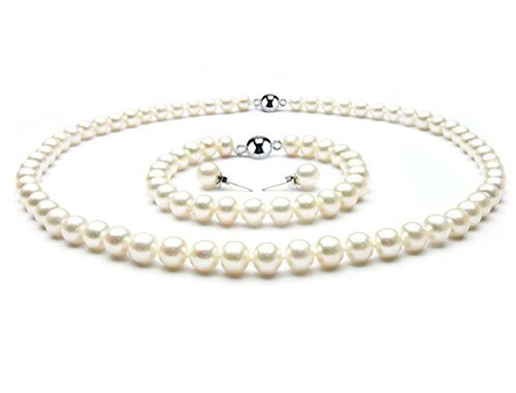Womens Pearl necklace Set | AA Grade 7-8mm White Freshwater Pearl Necklace, Bracelet & Earrings Jewellery Set treasurebayb2b