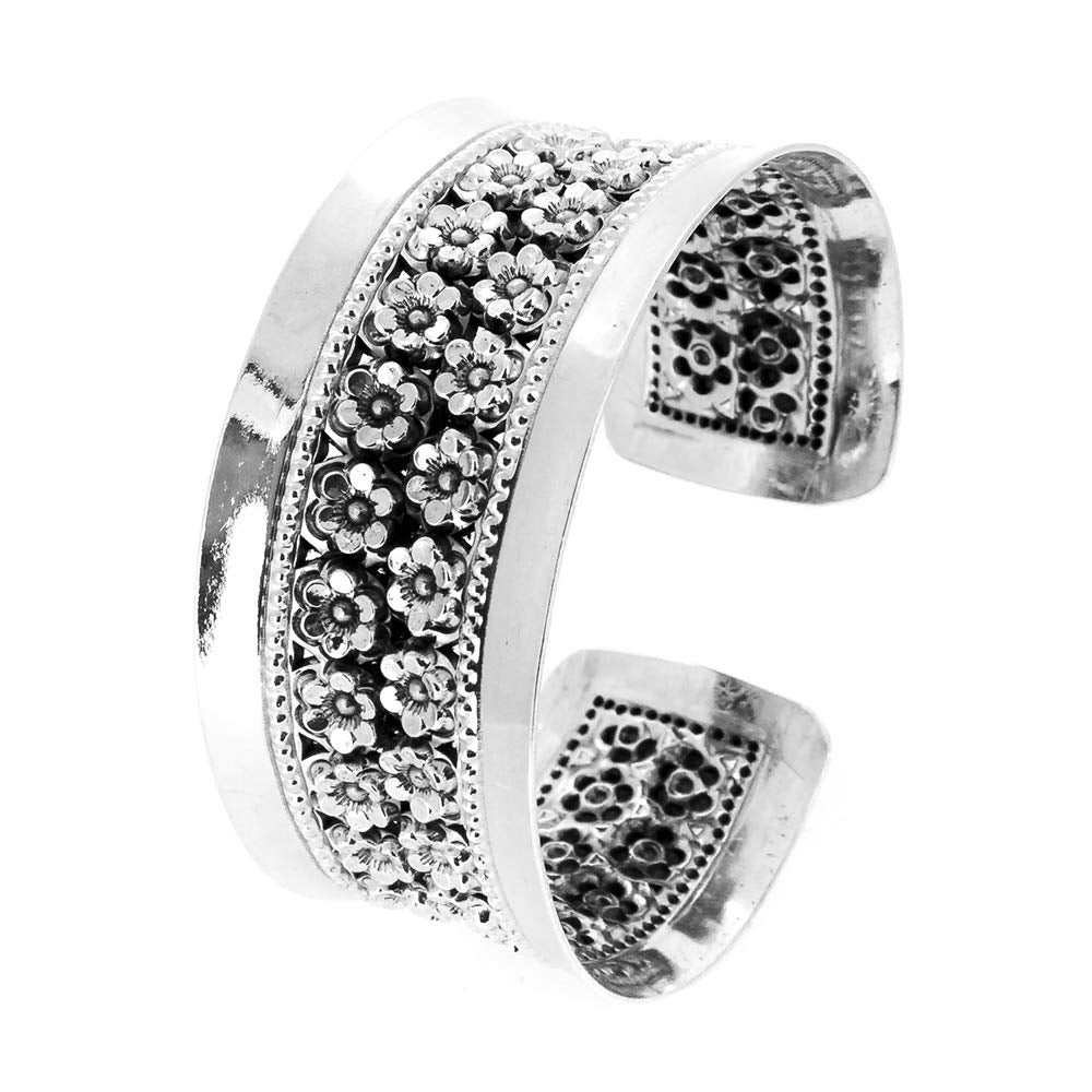 Solid 925 Sterling Silver Bangle Wide Floral Cuff for Ladies and Girls treasurebayb2b