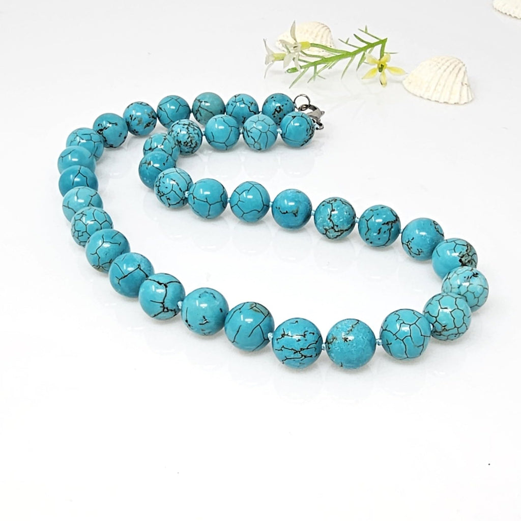 Blue Turquoise Necklace for Women and Girls | Women's Handmade 12mm Natural Blue Turquoise Beaded Necklace 48Cm treasurebayb2b