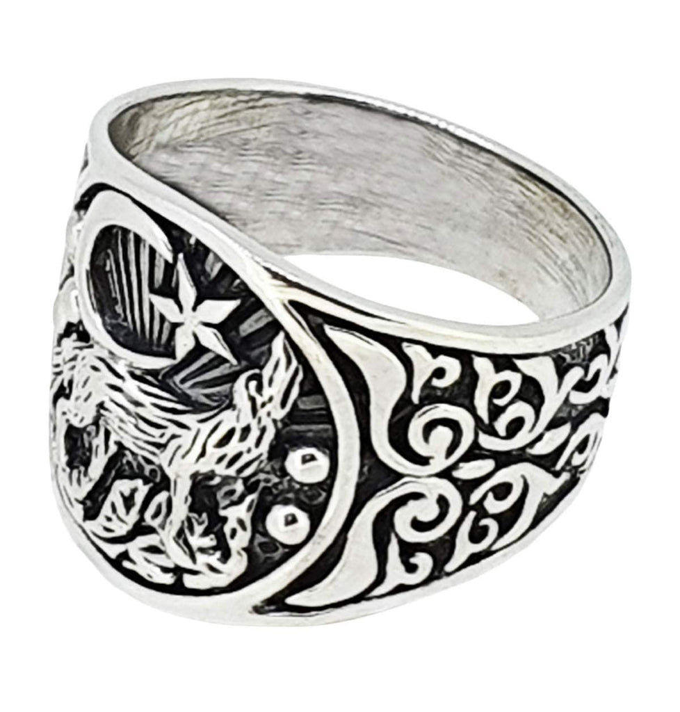 925 Sterling Silver Ring For Men and Women Howling Wolf and Crescent Moon Detailing treasurebayb2b
