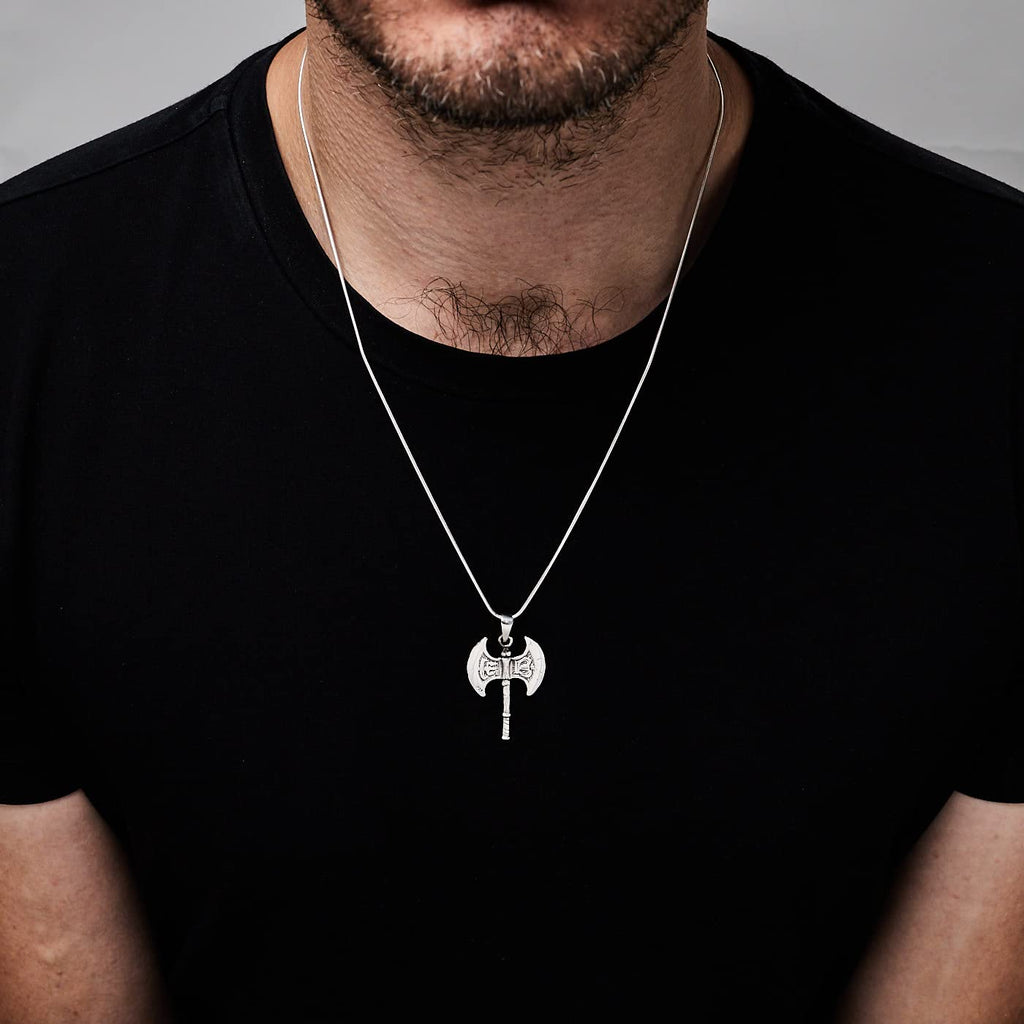 Men's Silver Necklace - 925 Sterling Silver Viking Axe Pendant on Chain - Mens Womens Silver Vikings Necklace treasurebayb2b