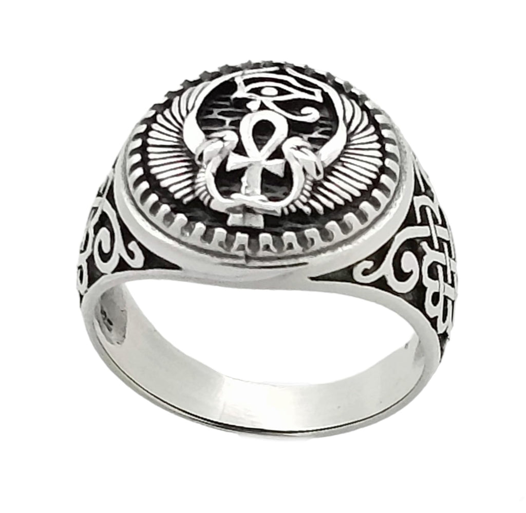 Chunky 925 Sterling Silver Ancient Egypt Eye Ring for Men - Featuring Wings Cross Design Details treasurebayb2b