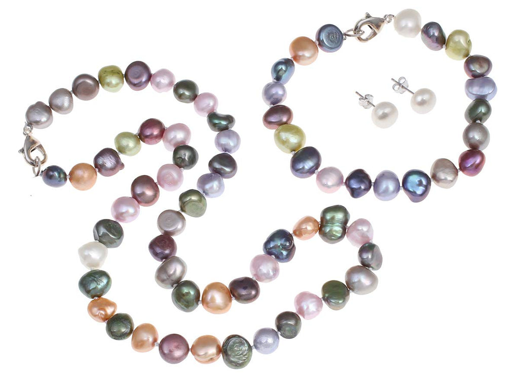 Women's Pearl Jewellery - MultiColour 8-9mm Baroque FreshWater Pearl Necklace Bracelet and Earrings for Women, Ladies Girls - Gift for Her, Mum, Wife, Christmas Birthday Gift treasurebayb2b