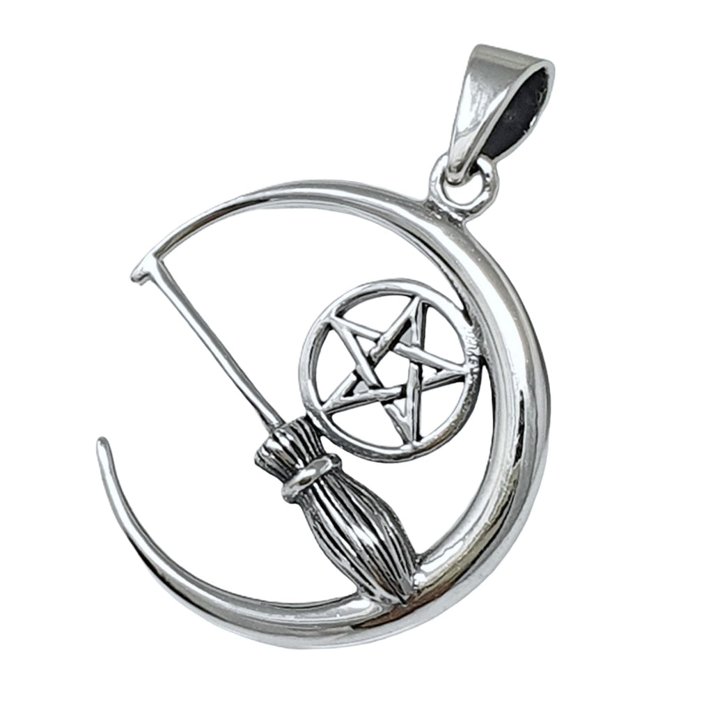 Witch’s Broomstick Cresent Moon and Pentagan Star Sterling Silver Pendant Necklace for Women Made from 925 Sterling Silver treasurebayb2b