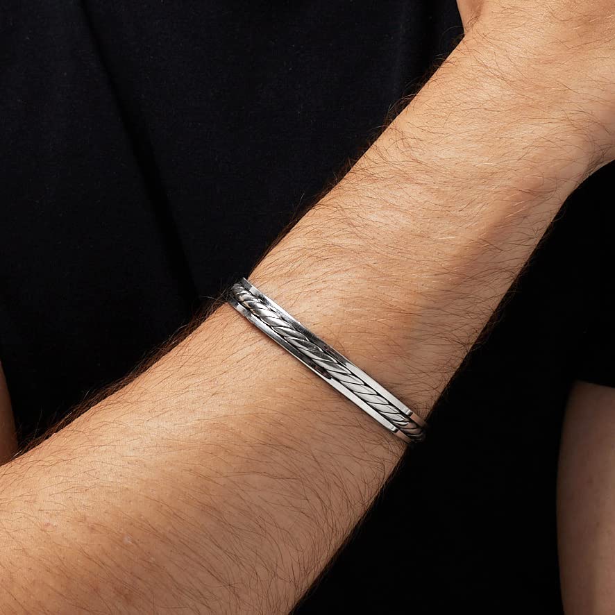 Mens Solid 925 Sterling Silver Bangle Bracelet | Classic Braided Silver Bangle Cuff Bar Wristband for men treasurebayb2b