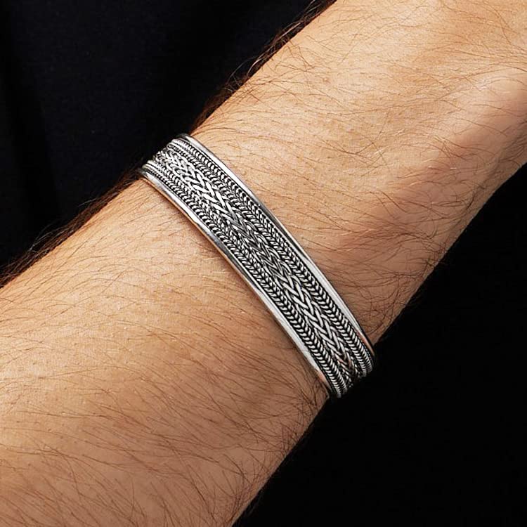 Men's 925 Sterling Silver Braided Bangle Bracelet - Handcrafted 12mm Solid Silver Celtic Braided Open Cuff Adjustable For Men treasurebayb2b