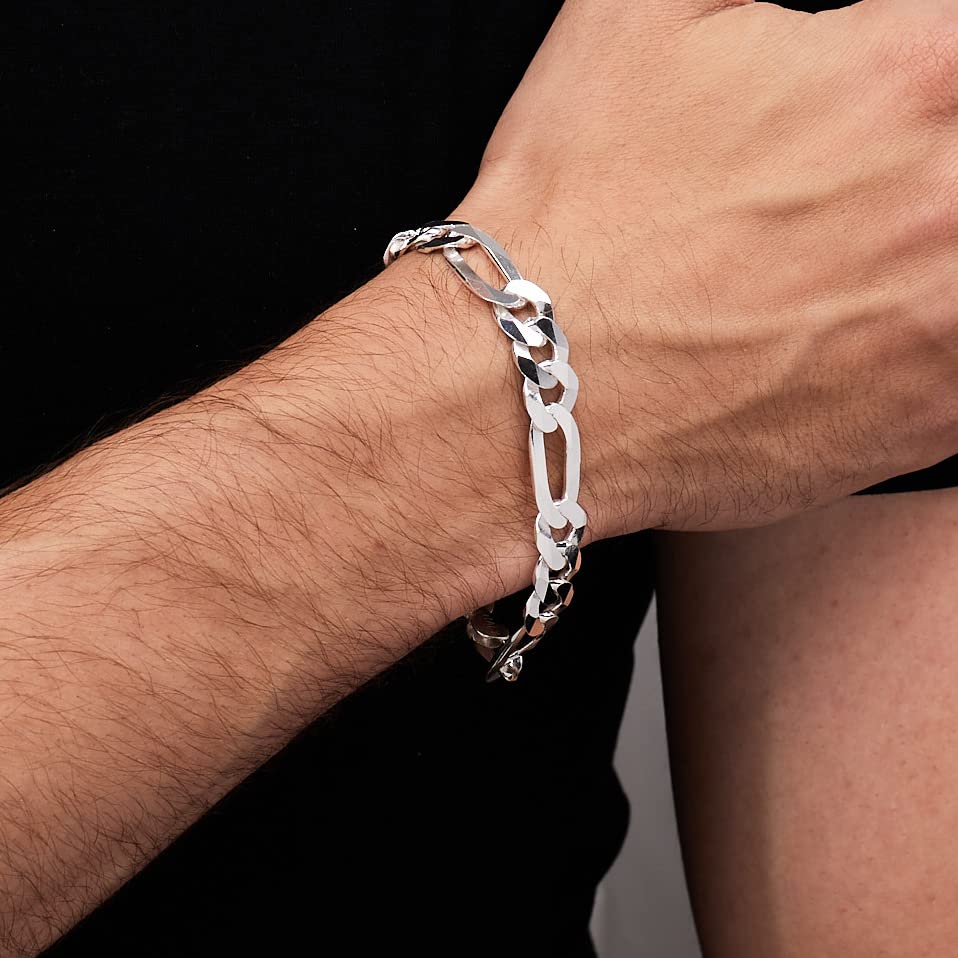 Mens 9.5mm Solid 925 Sterling Silver Figaro Chain Bracelet Made in Italy treasurebayb2b