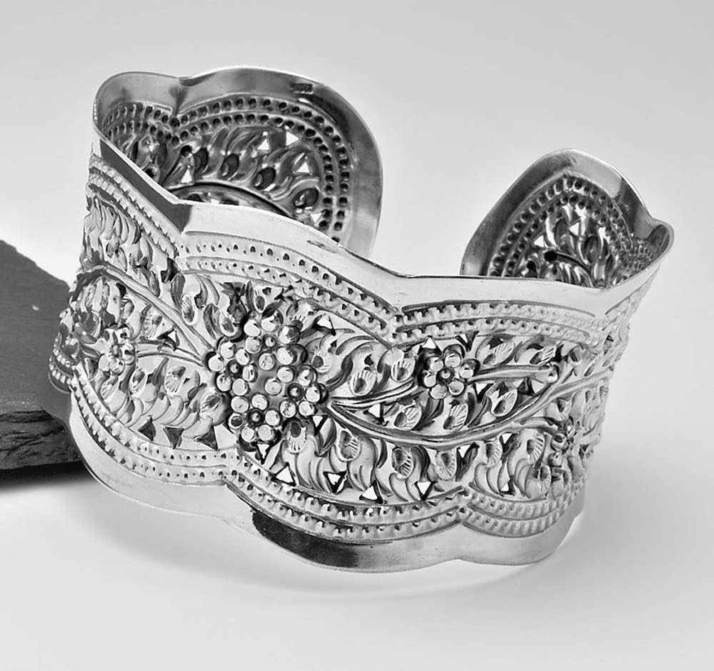 Solid 925 Sterling Silver Bangle Wide Floral Cuff for Ladies and Girls treasurebayb2b