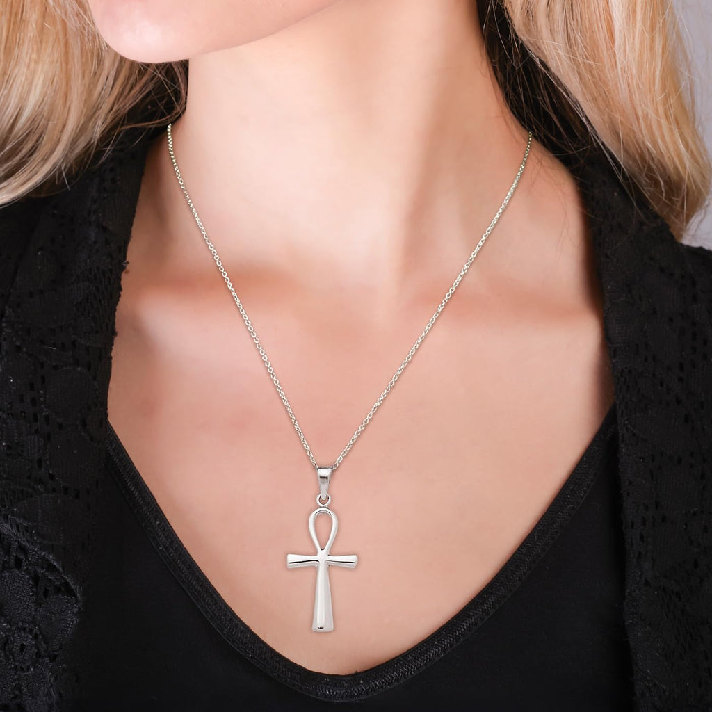 Men's Women's Silver Ankh Cross Key Of Life Pendant Necklace | Classic 925 Sterling Silver Cross Pendant on 48Cm Chain Necklace for Men & Women treasurebayb2b