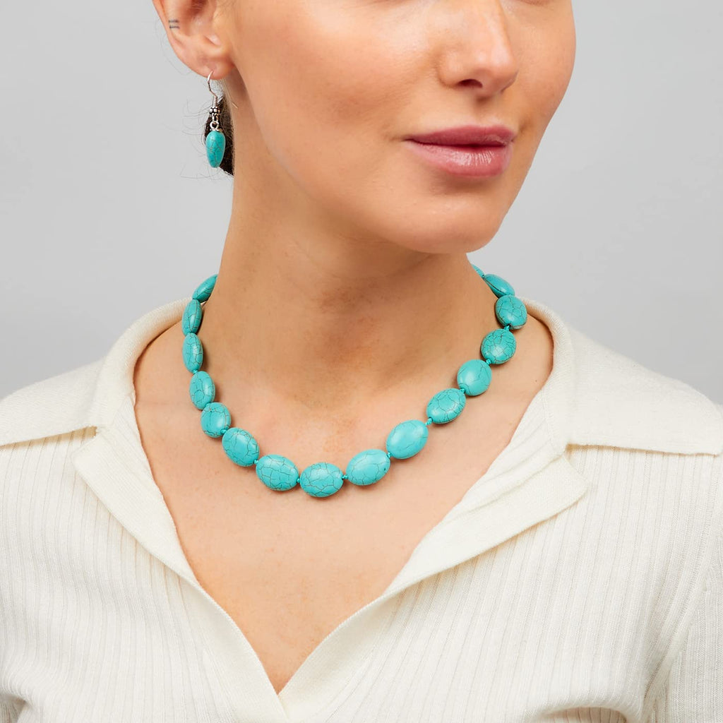 Stunning Oval Shape Natural Gemstone Beaded Necklace for Women Blue Turquoise treasurebayb2b