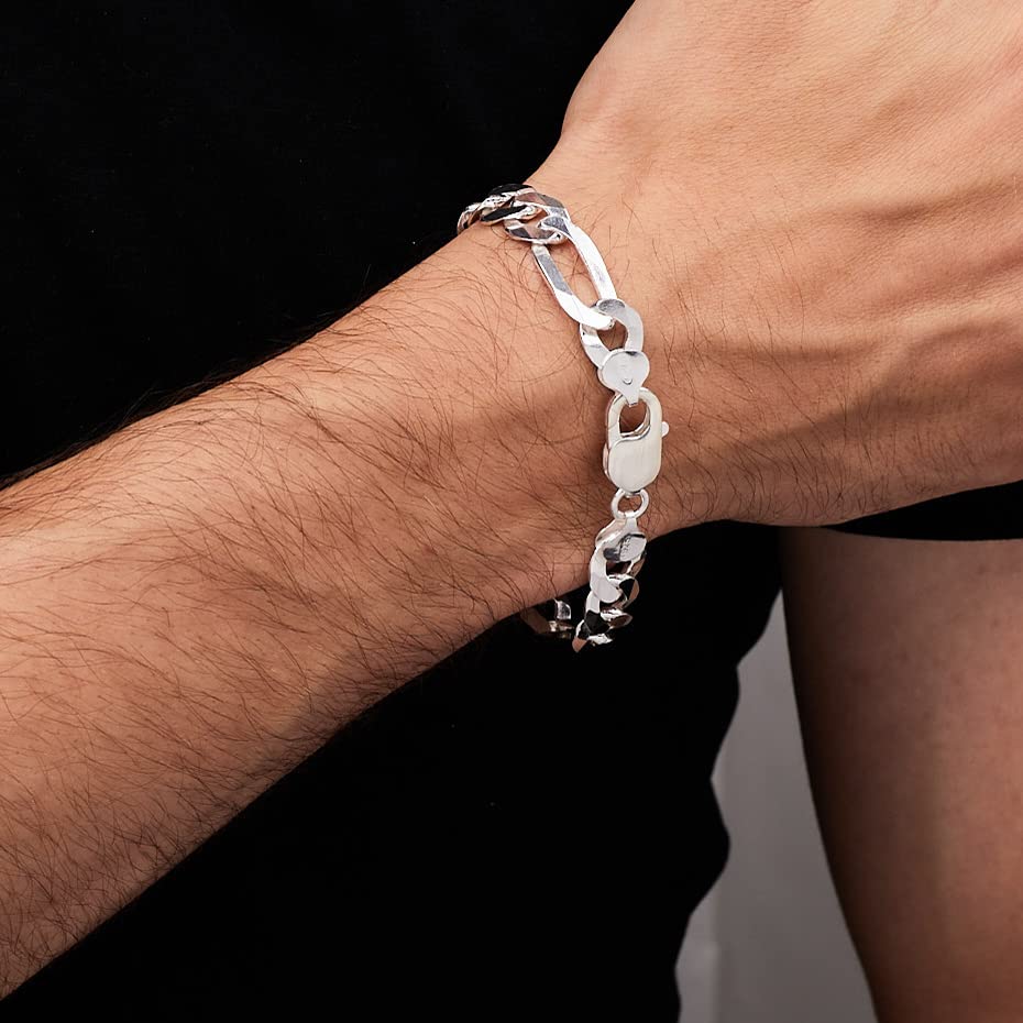 Mens 9.5mm Solid 925 Sterling Silver Figaro Chain Bracelet Made in Italy treasurebayb2b