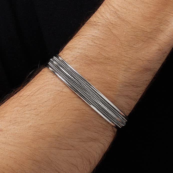 Mens Womens Silver Bangle Bracelet - Solid 925 Sterling Silver Braided Bangle for Men Adjustable size treasurebayb2b
