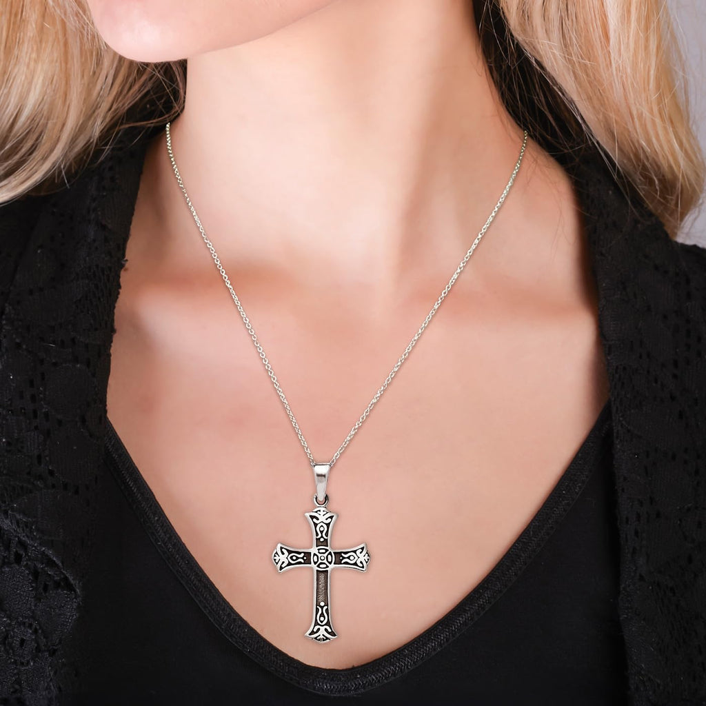 Men's Silver Cross Pendant Necklace | Gothic 925 Sterling Silver Pendant Necklace for Men and Women treasurebayb2b