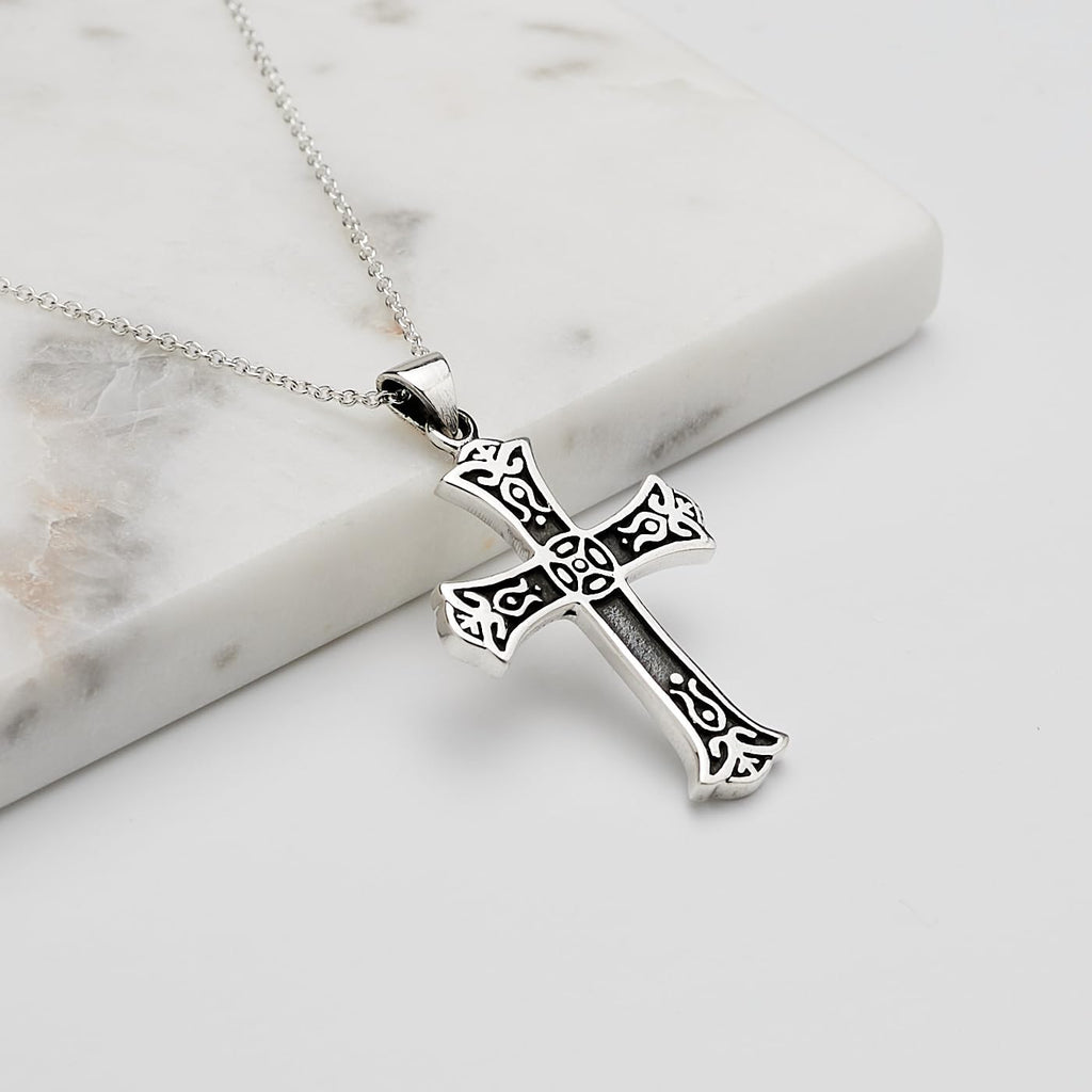 Men's Silver Cross Pendant Necklace | Gothic 925 Sterling Silver Pendant Necklace for Men and Women treasurebayb2b