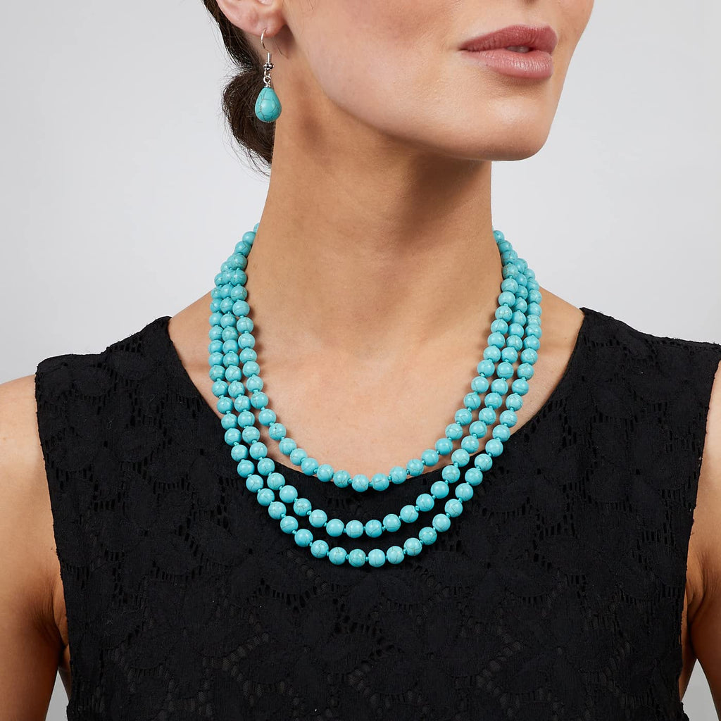 Stunning Three Strands 8mm Round Blue Turquoise Gemstone Beaded Necklace for Women treasurebayb2b