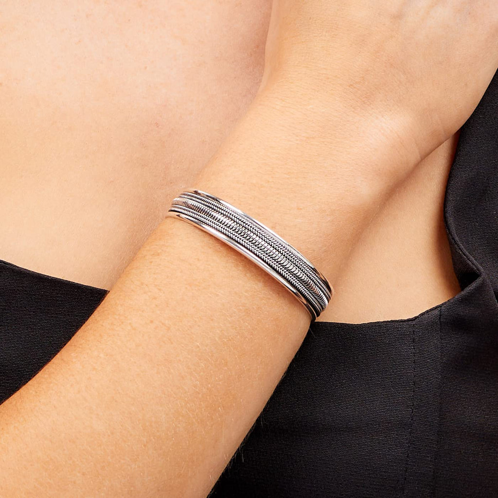 Mens Womens Silver Bangle Bracelet - Solid 925 Sterling Silver Braided Bangle for Men Adjustable size treasurebayb2b