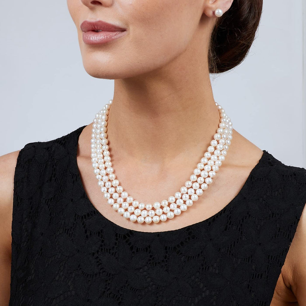 Elegant and Classic AA Grade 7mm White Freshwater Pearl Necklace Three-Strand Style treasurebayb2b