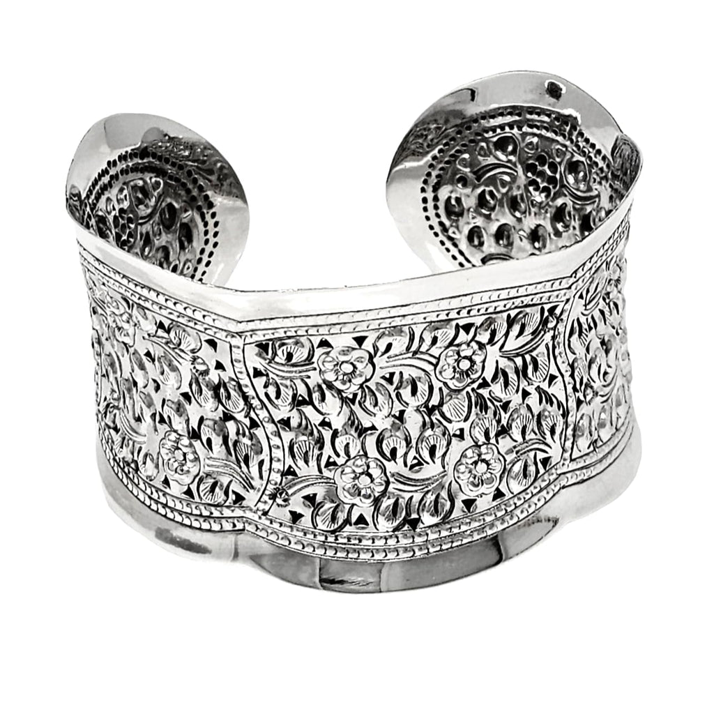 Solid 925 Sterling Silver Bangle Floral Cuff for Women and Girls | Women's Chunky Statement Silver Cuff treasurebayb2b