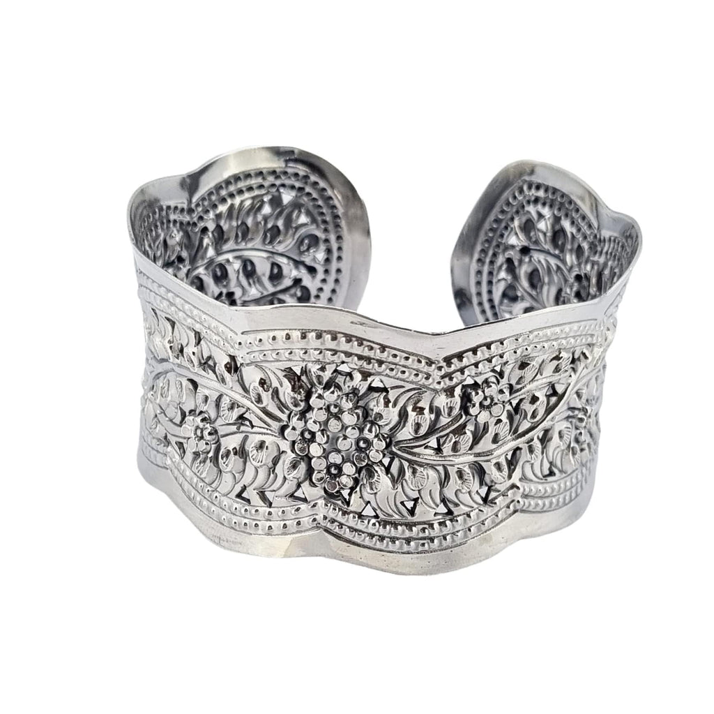 Solid 925 Sterling Silver Bangle Wide Floral Cuff for Ladies and Girls treasurebayb2b