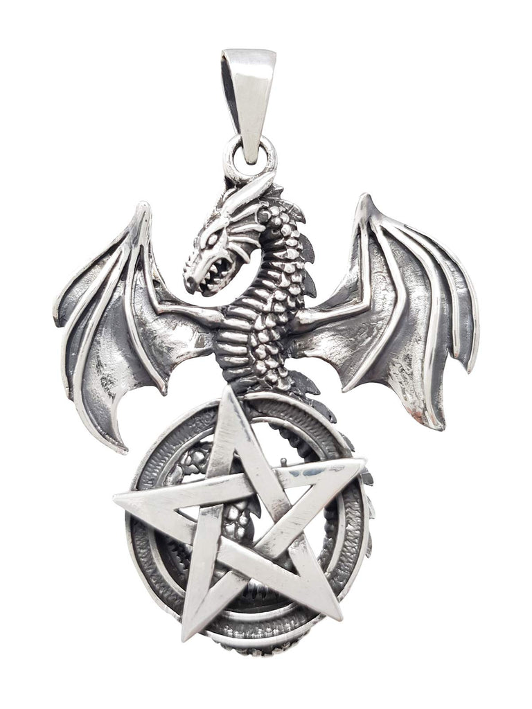 Mens 925 Sterling Silver Intricate Flying Dragon Pendant with Pentagram For women and men treasurebayb2b
