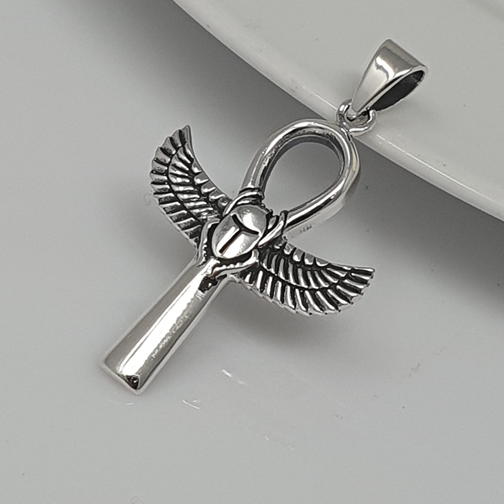 Ankh Wings Pendant - Ankh Pendant STERLING SILVER 925 Scarab Key of Life Ancient Egyptian Symbols of Life Ankh Sacred Symbol Talisman Amulet Good luck gift treasurebayb2b