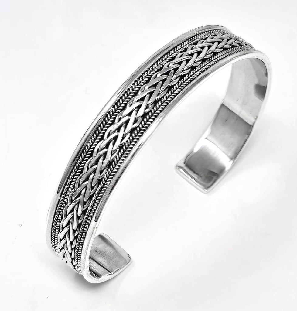 Men's 925 Sterling Silver Braided Bangle Bracelet - Handcrafted 12mm Solid Silver Celtic Braided Open Cuff Adjustable For Men treasurebayb2b