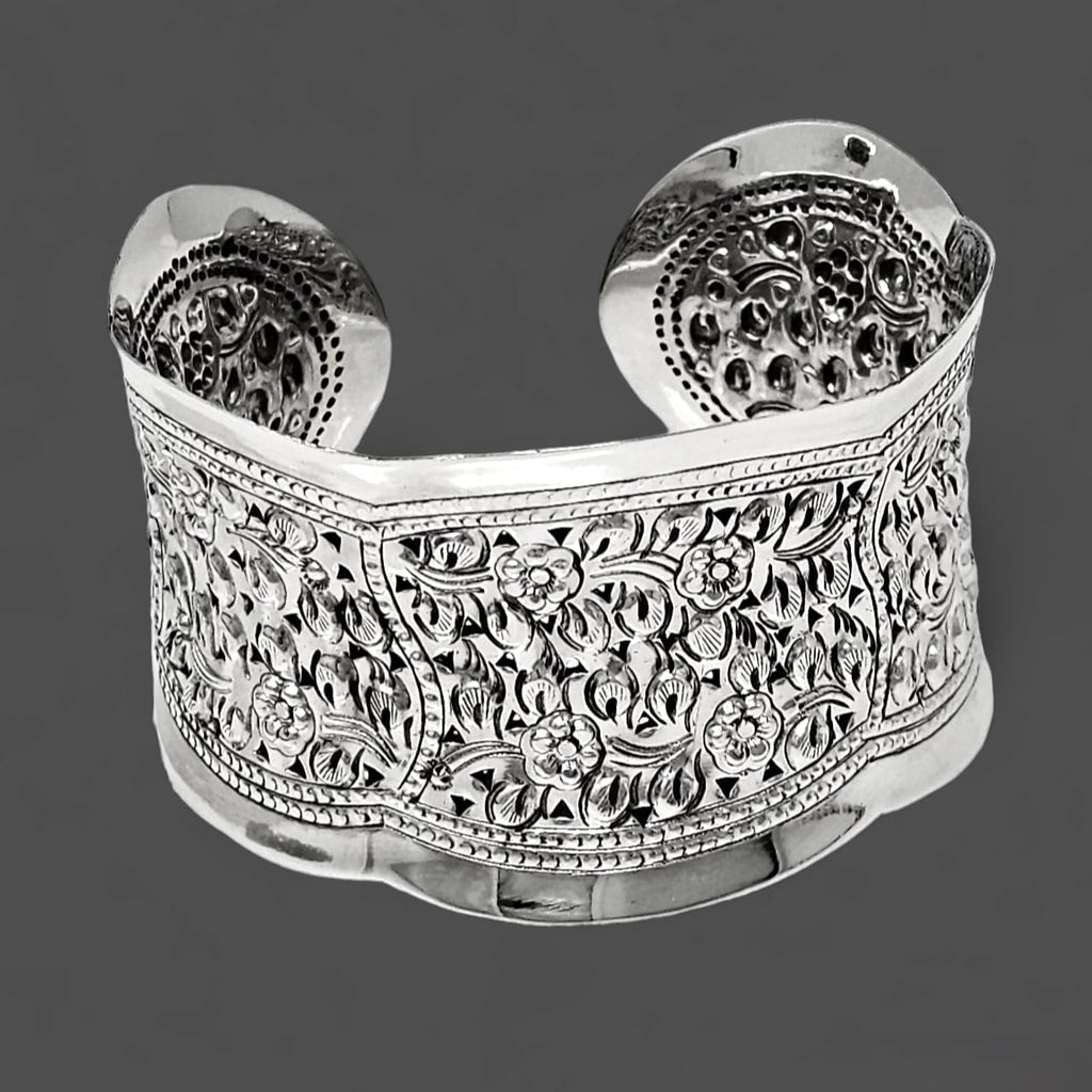Solid 925 Sterling Silver Bangle Floral Cuff for Women and Girls | Women's Chunky Statement Silver Cuff treasurebayb2b