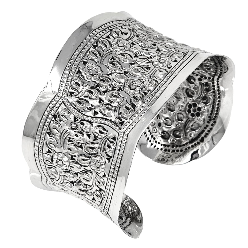 Solid 925 Sterling Silver Bangle Floral Cuff for Women and Girls | Women's Chunky Statement Silver Cuff treasurebayb2b