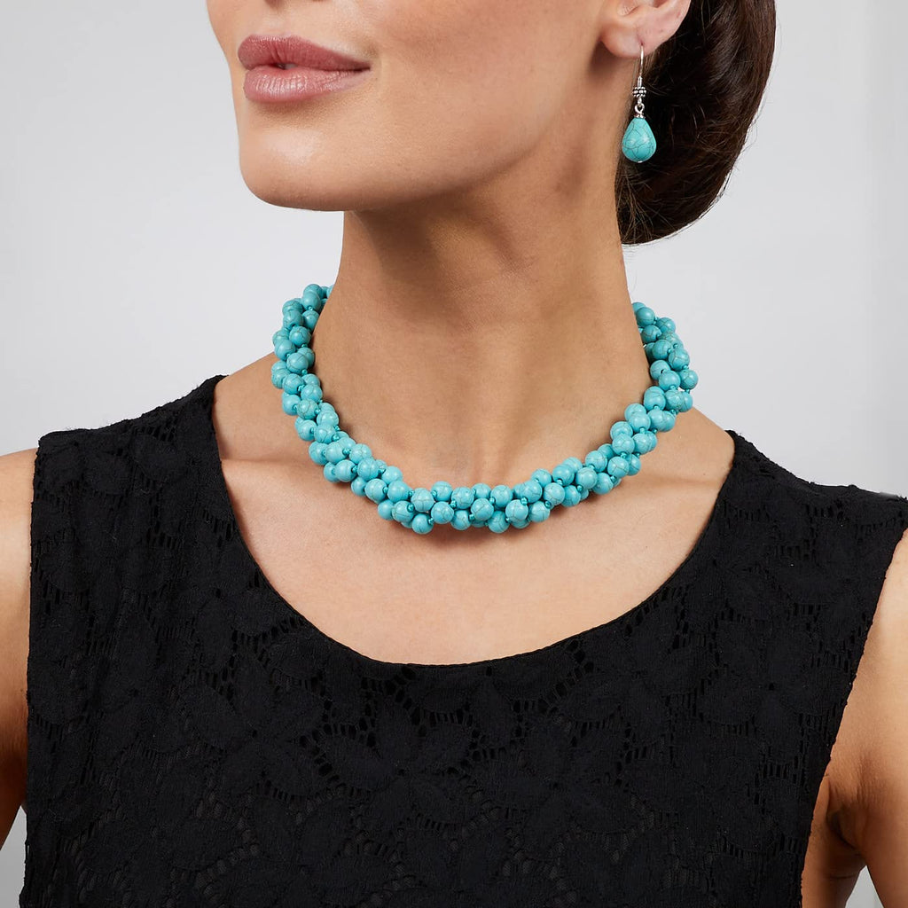 Stunning Three Strands 8mm Round Blue Turquoise Gemstone Beaded Necklace for Women treasurebayb2b
